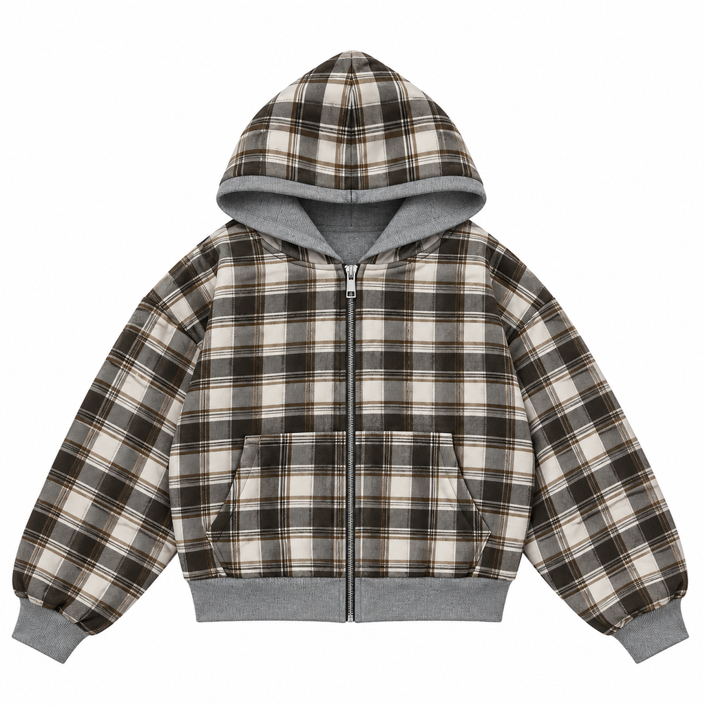 Reversible Checkered Zip Hoodie / Grey