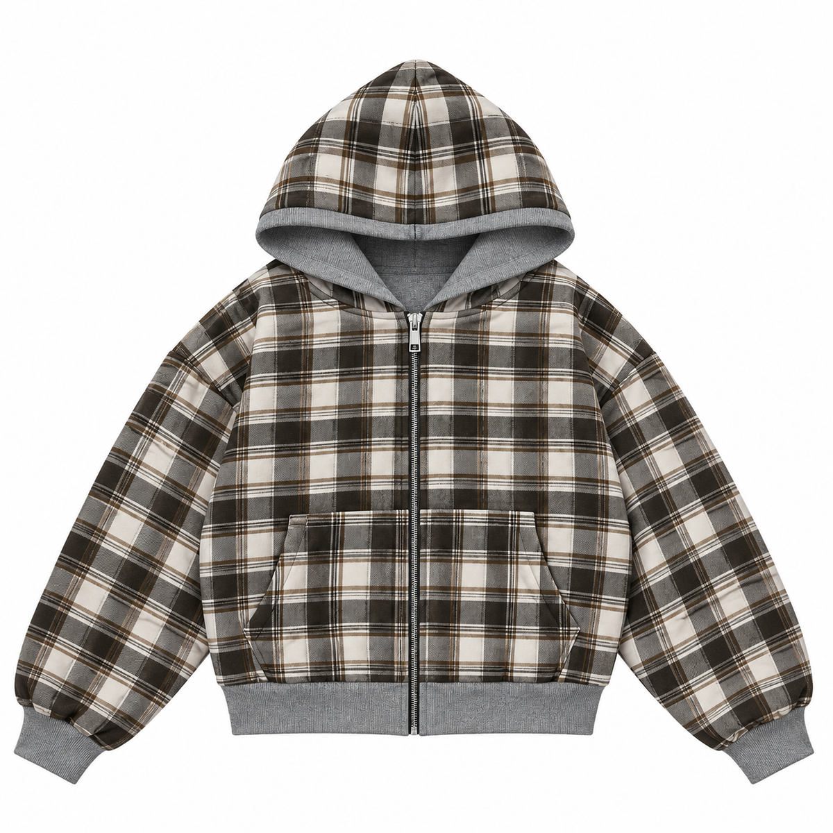 Reversible Checkered Zip Hoodie / Grey