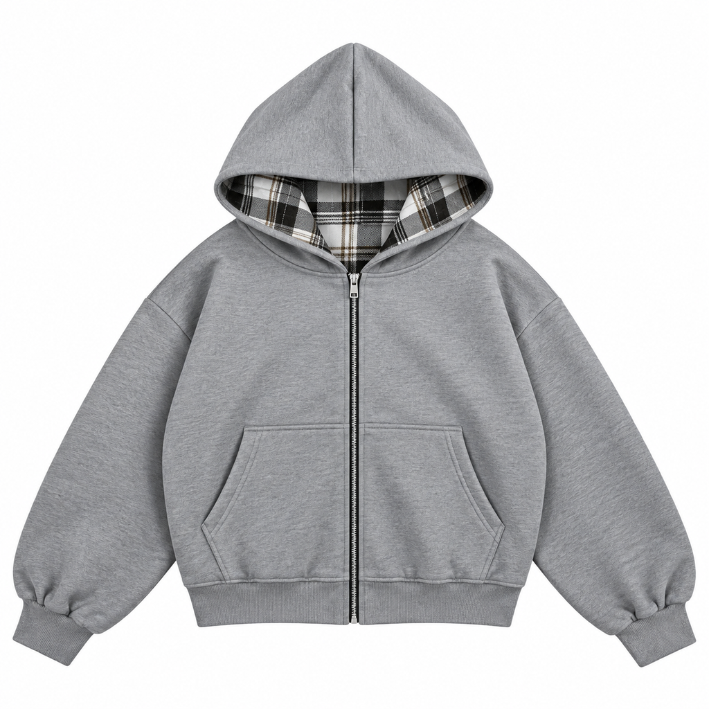 Reversible Checkered Zip Hoodie / Grey