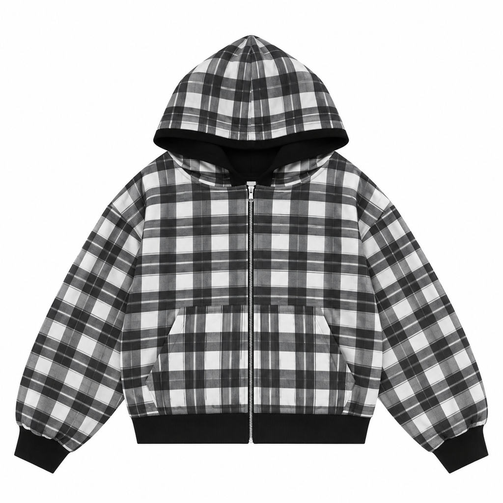 Reversible Checkered Zip Hoodie / Black