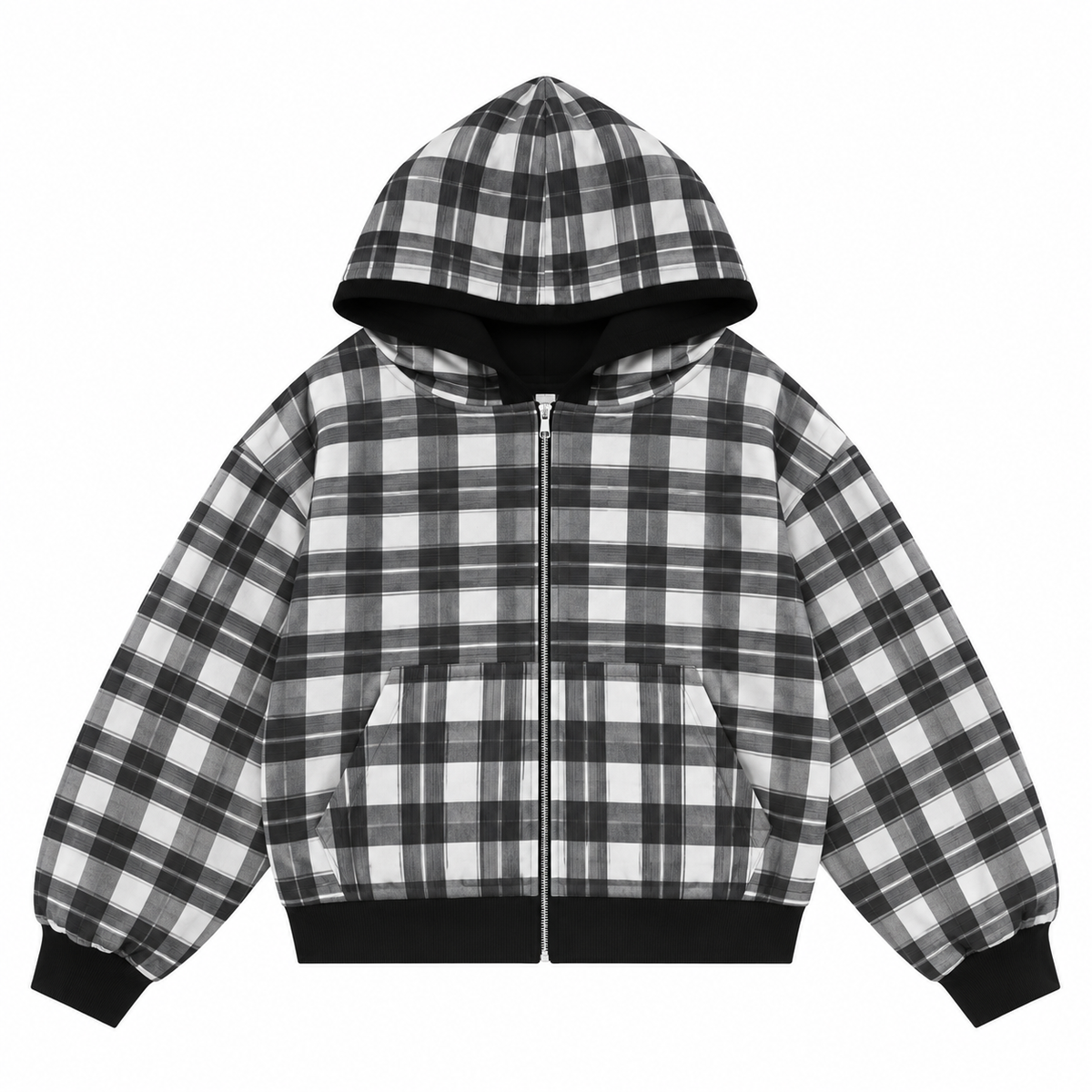 Reversible Checkered Zip Hoodie / Black