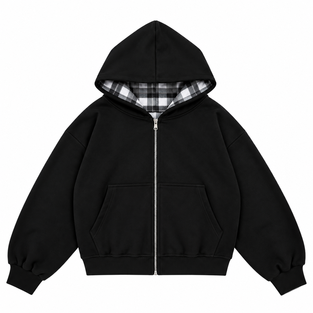 Reversible Checkered Zip Hoodie / Black