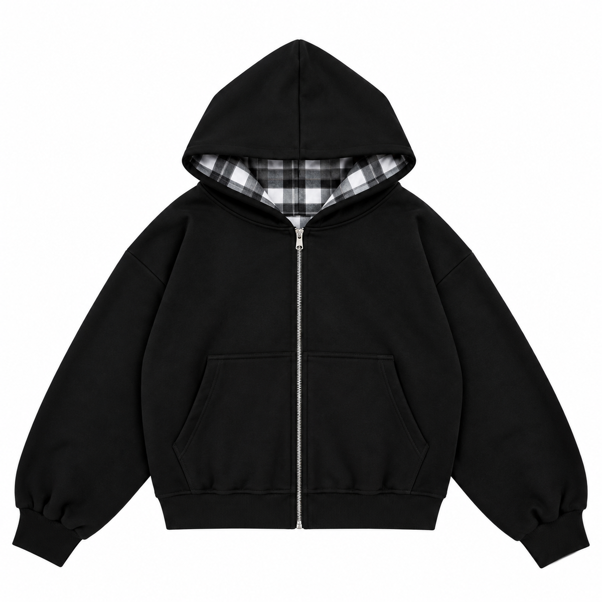 Reversible Checkered Zip Hoodie / Black